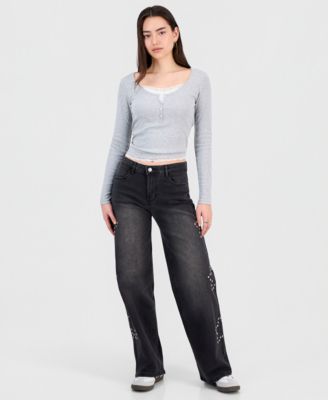 Madden Girl - Juniors' 90s Wide-Leg Star Studded Jeans