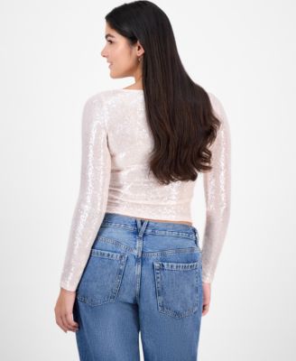 Juniors' Sequined Long-Sleeve Cropped Top