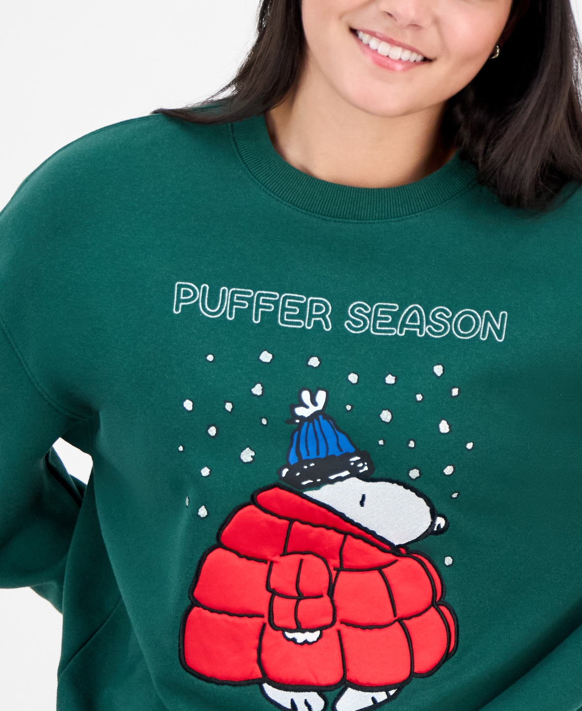 Peanuts Juniors' Snoopy 3d Puffer Fleece Sweatshirt In Green