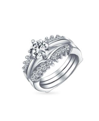 Solitaire Round Cubic Zirconia Promise  Ring Band Set CZ Guard Enhancers Sterling Silver