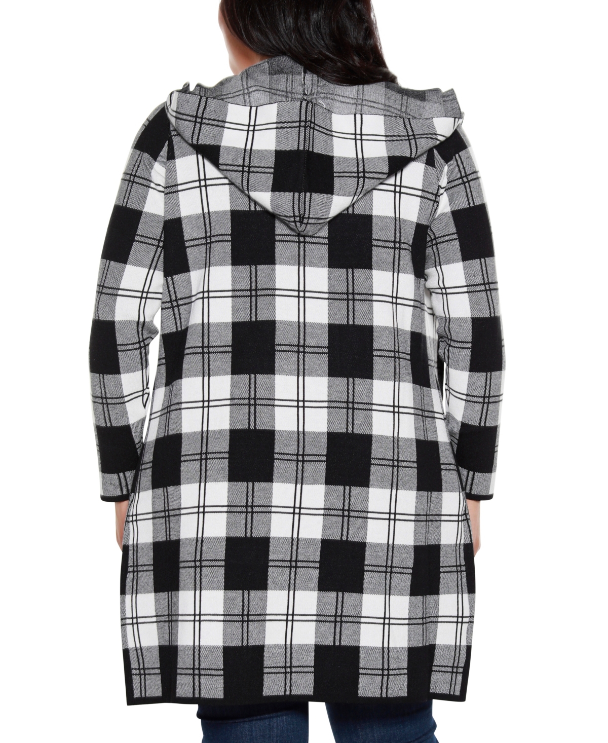 Belldini Plus Size Hooded Checkered Plaid Cardigan Sweater In Black