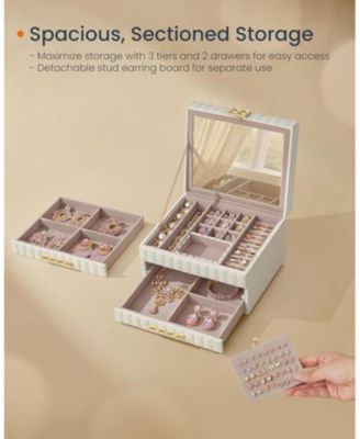 3-Tier Jewelry Box with Mirror &amp;#x2013; Jewelry Organizer with 2 Drawers, Cloud White