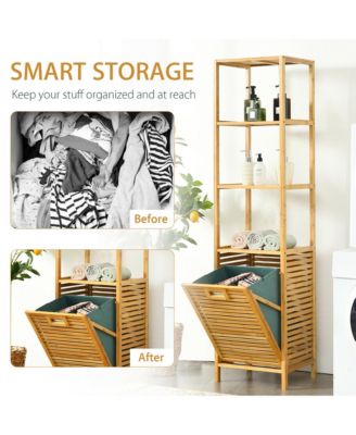 Bathroom Tilt-out Laundry Hamper Bamboo Tower Hamper w/3-Tier Shelves