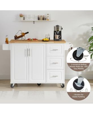 53.8" Rolling Kitchen Island with Drop Leaf, Storage Cabinet, 3 Drawers & Wood Top, Mobile Kitchen Cart on Wheels