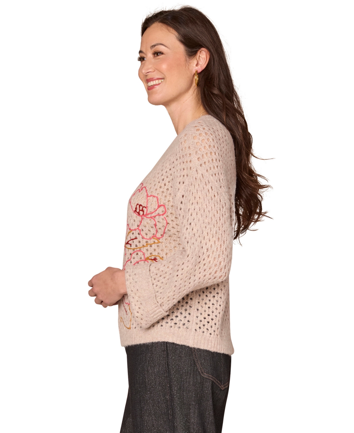 Democracy Women's Floral Embroidered Round Neck Sweater In Brown