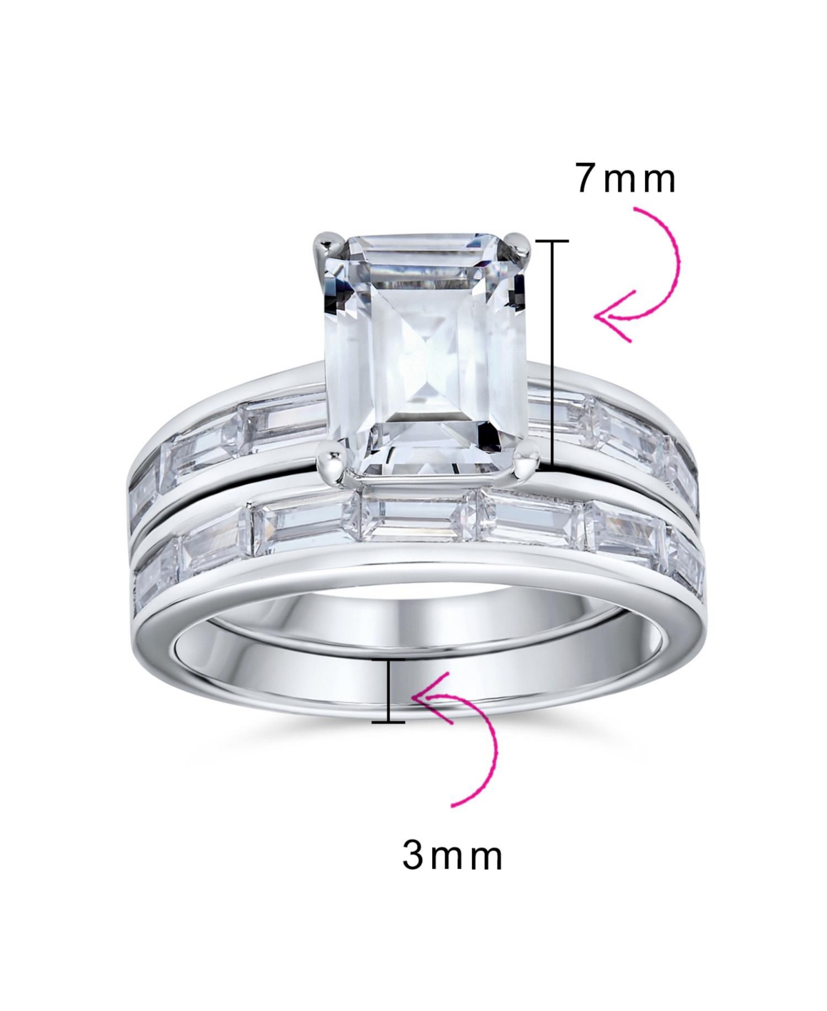 Bling Jewelry Art Deco Style 2CT Cz Emerald Cut & Channel Baguette Band Promise Ring Set Sterling Silver