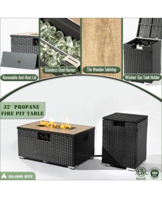 32 Inch Rectangular Wicker Fire Pit Table with 50000 BTU Burner and Ceramic Top