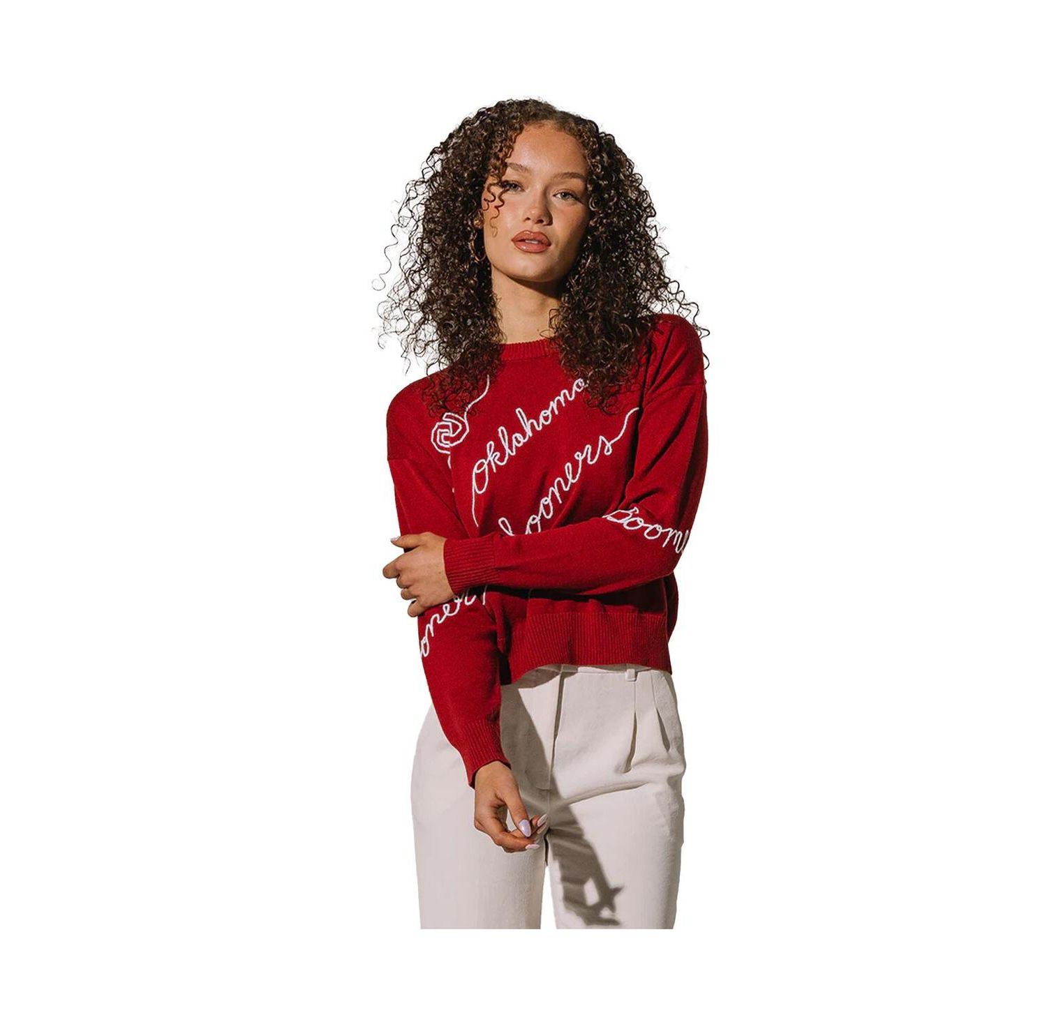 Women's Crimson Oklahoma Sooners Love Note Embroidered Pullover Sweater