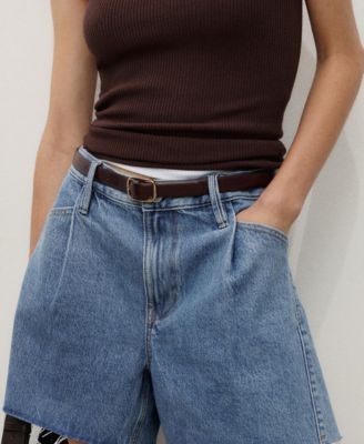 Women's Frayed Hem and Pleats Denim Shorts