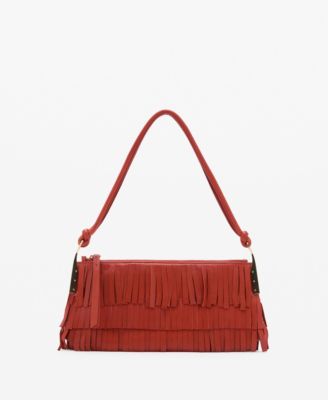 MANGO - Women's Fringes Detail Large Leather Shoulder Bag