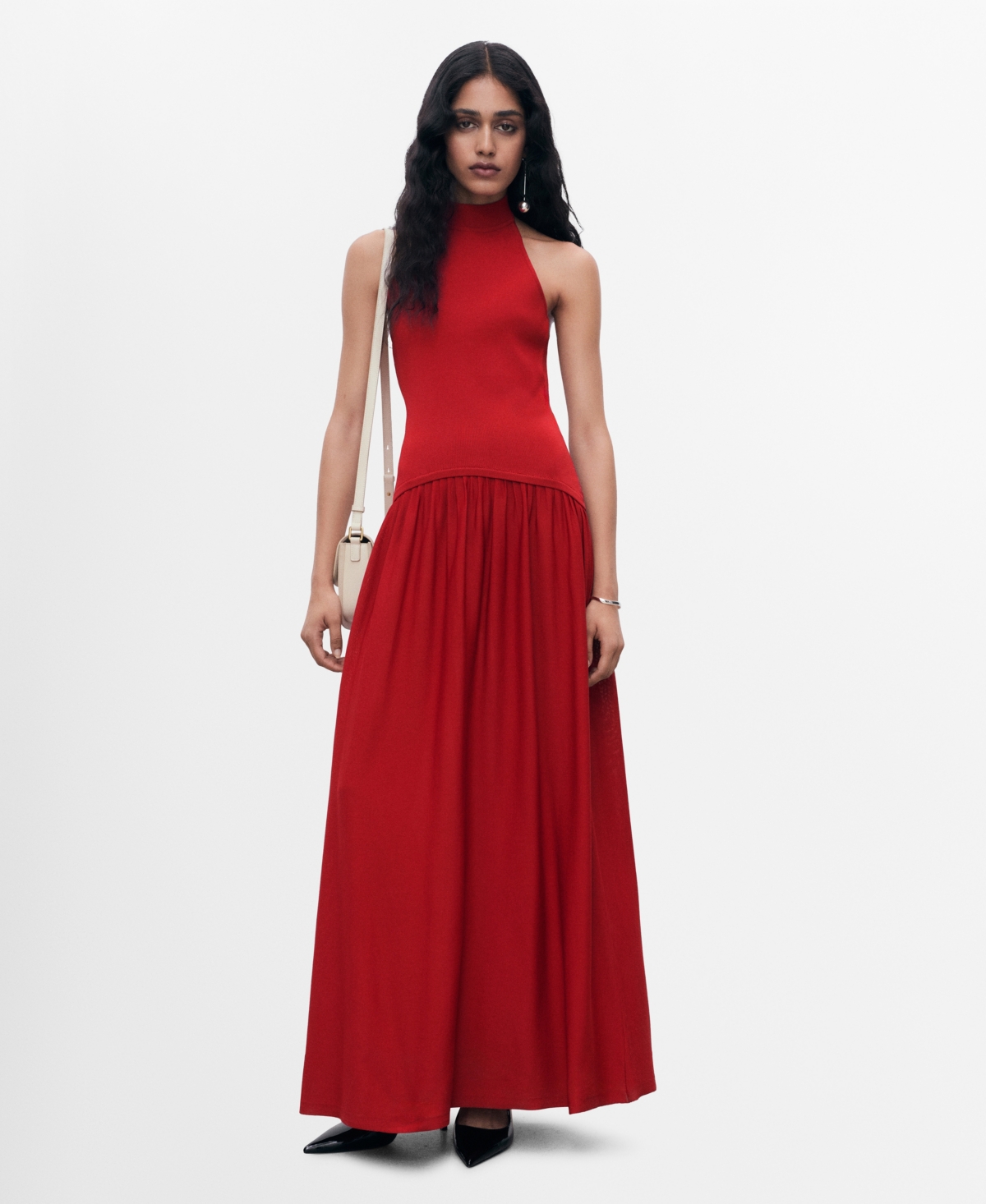 Mango Mixed Knit Halter Dress Red In Red