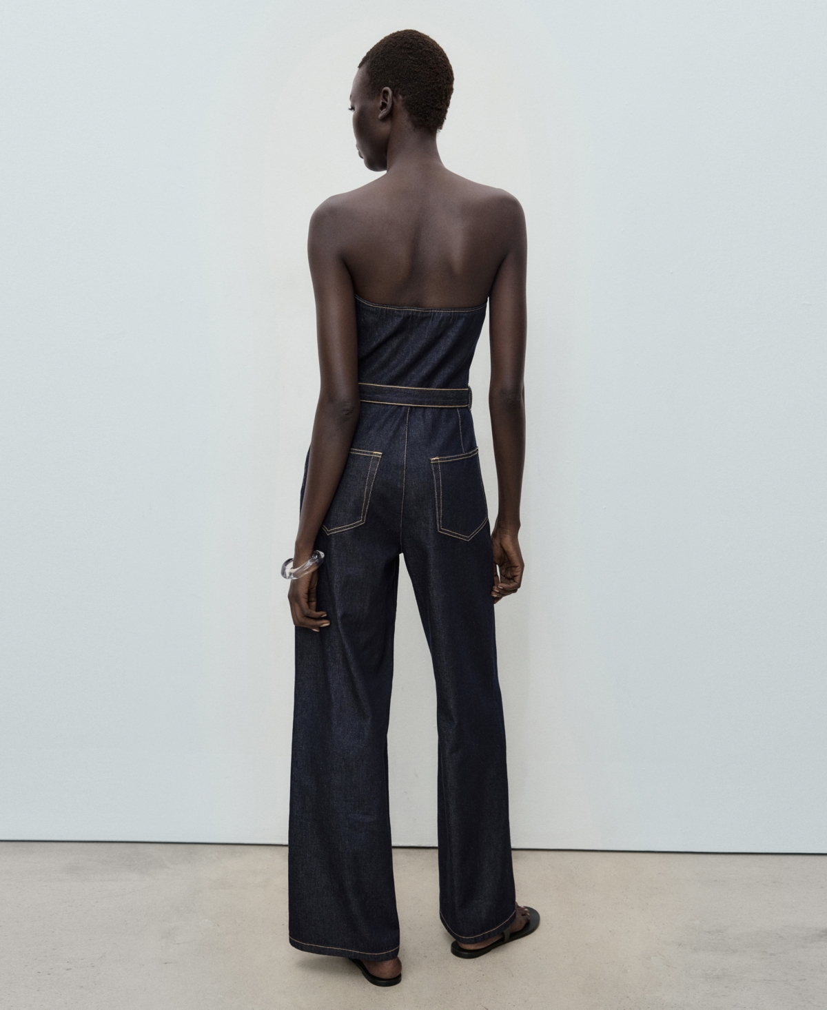 Mango Bandeau Belted Denim Jumpsuit In Blue