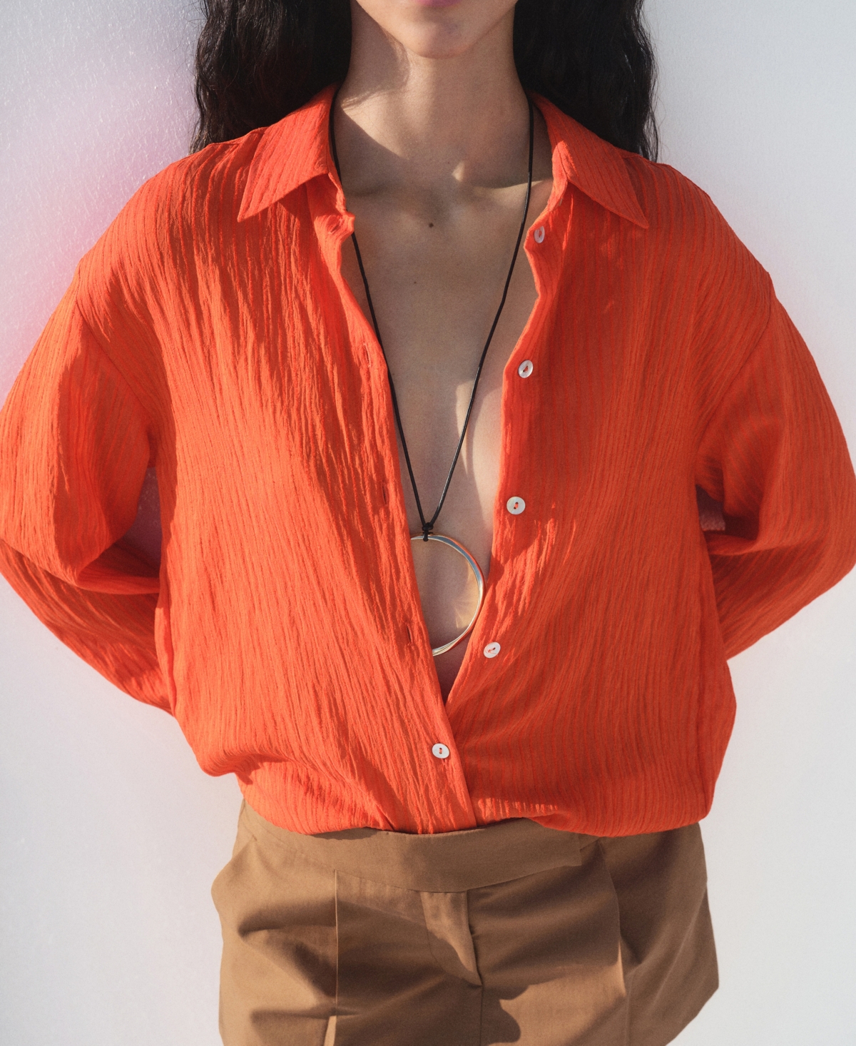 Mango Oversize Crinkled Effect Button-up Shirt In Orange