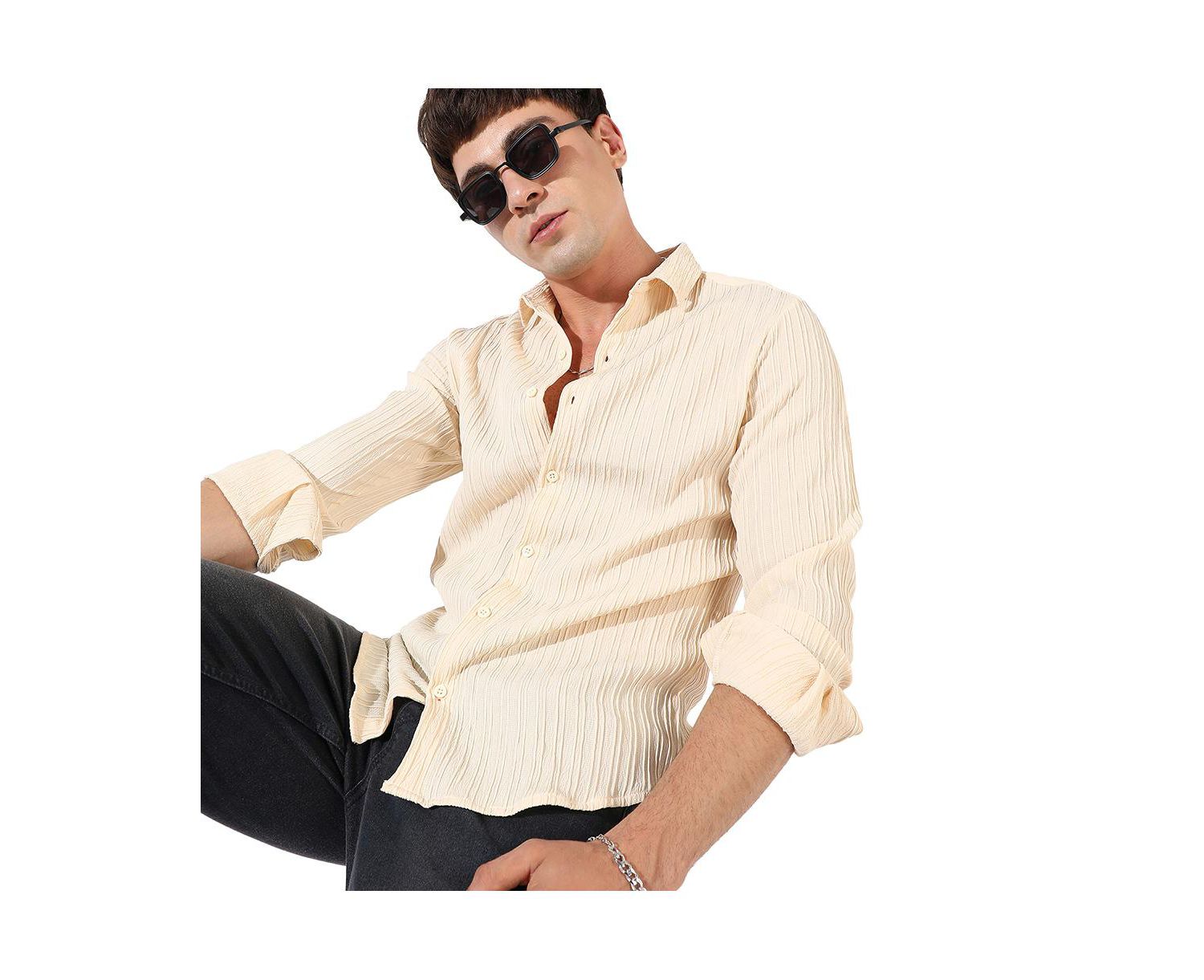 Men's Light Yellow Textured Regular Fit Casual Shirt