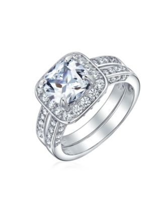 2CT Cushion Cut CZ Promise Ring in Sterling Silver with Three-Sided Double Pave Band