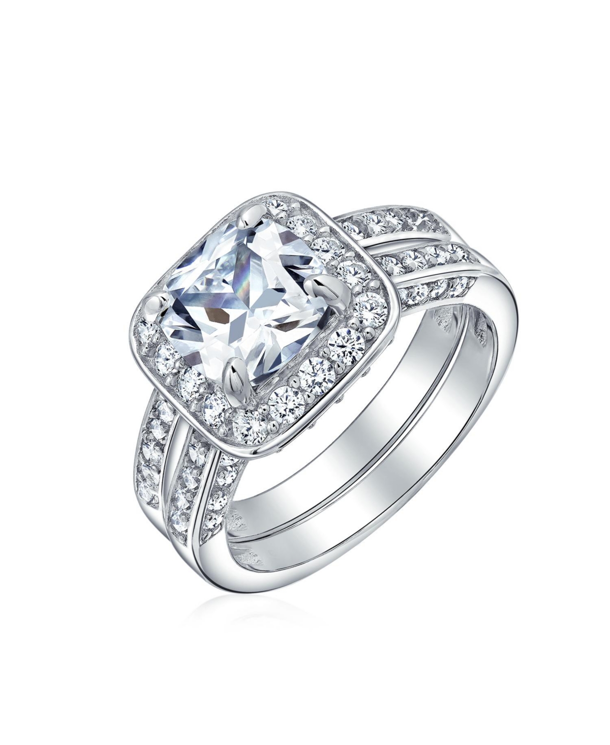 Bling Jewelry 2CT Cushion Cut Cz Promise Ring in Sterling Silver with Three-Sided Double Pave Band