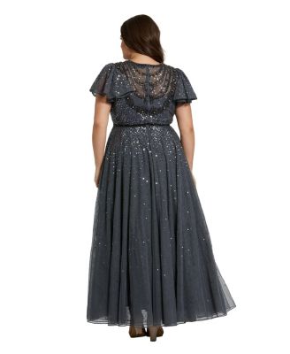 Women's Sheer Flutter Sleeve Beaded Fluffy Net Gown