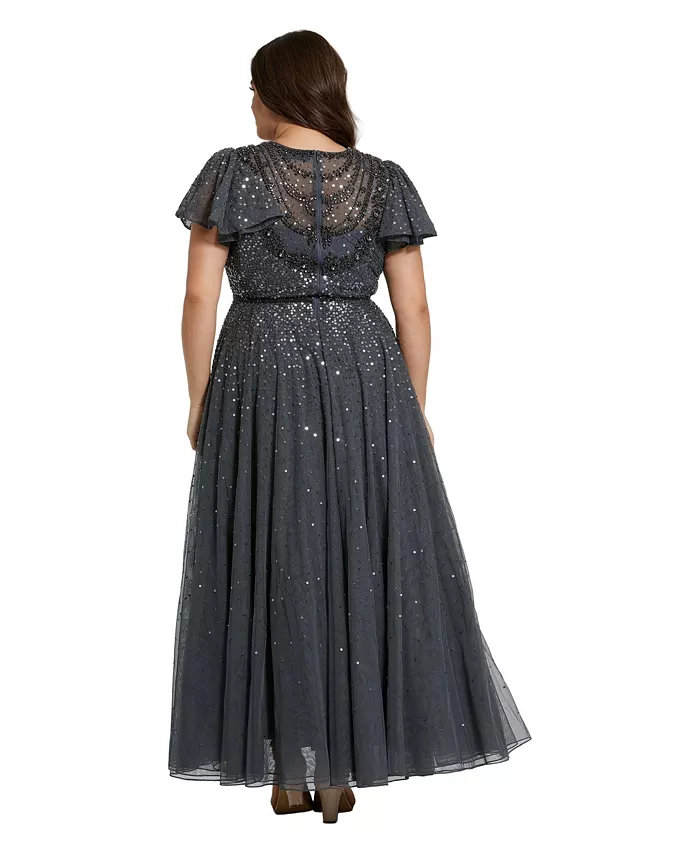 Women's Sheer Flutter Sleeve Beaded Fluffy Net Gown - thumbnail 2