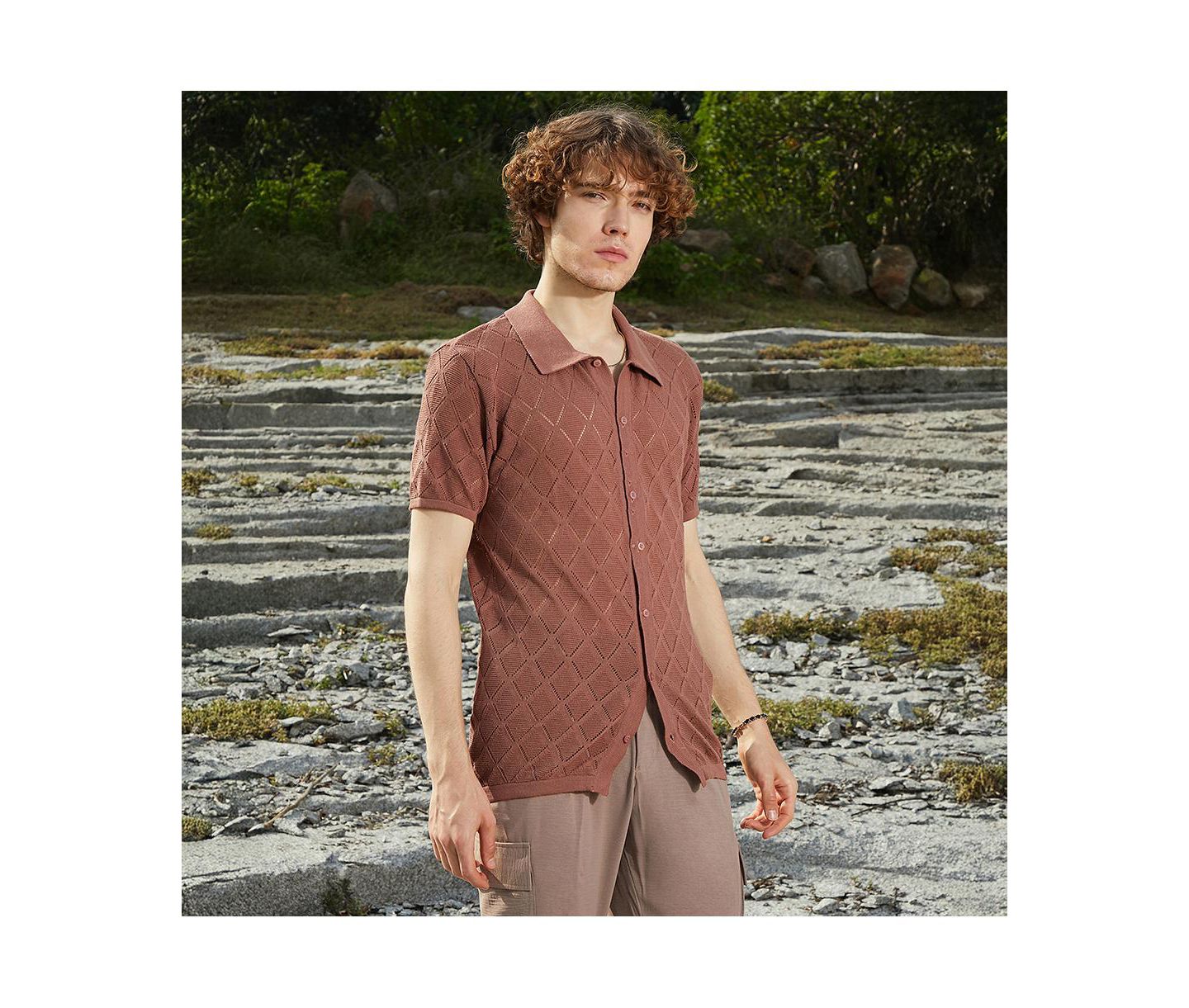 Мужская рубашка Cahoot Campus Sutra Rhombus-Knit Slim-Fit, цвет: Коричневый — фото 3