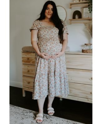 Maternity Pink Floral Smocked Puff Sleeve Midi Dress