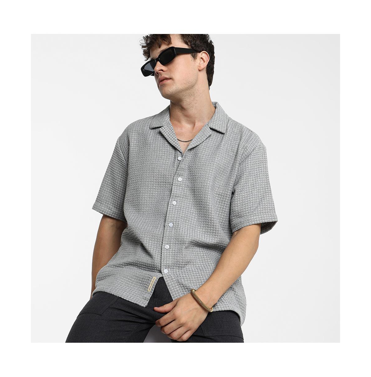 Campus Sutra Men's Moon Grey Waffle-Knit Oversized Shirt