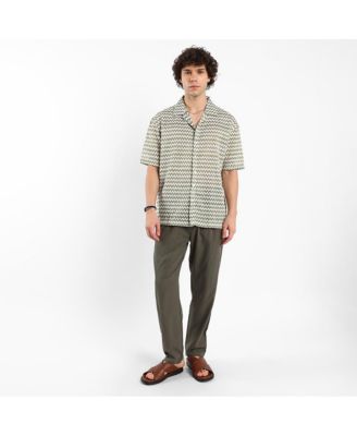 Men's Olive Green & Powder White Chevron-Striped Oversized Shirt