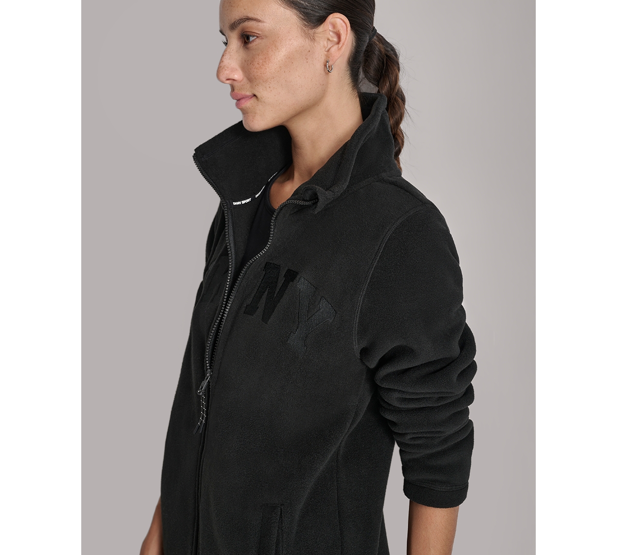 Dkny Women's Full-zip Varsity Logo Top In Black