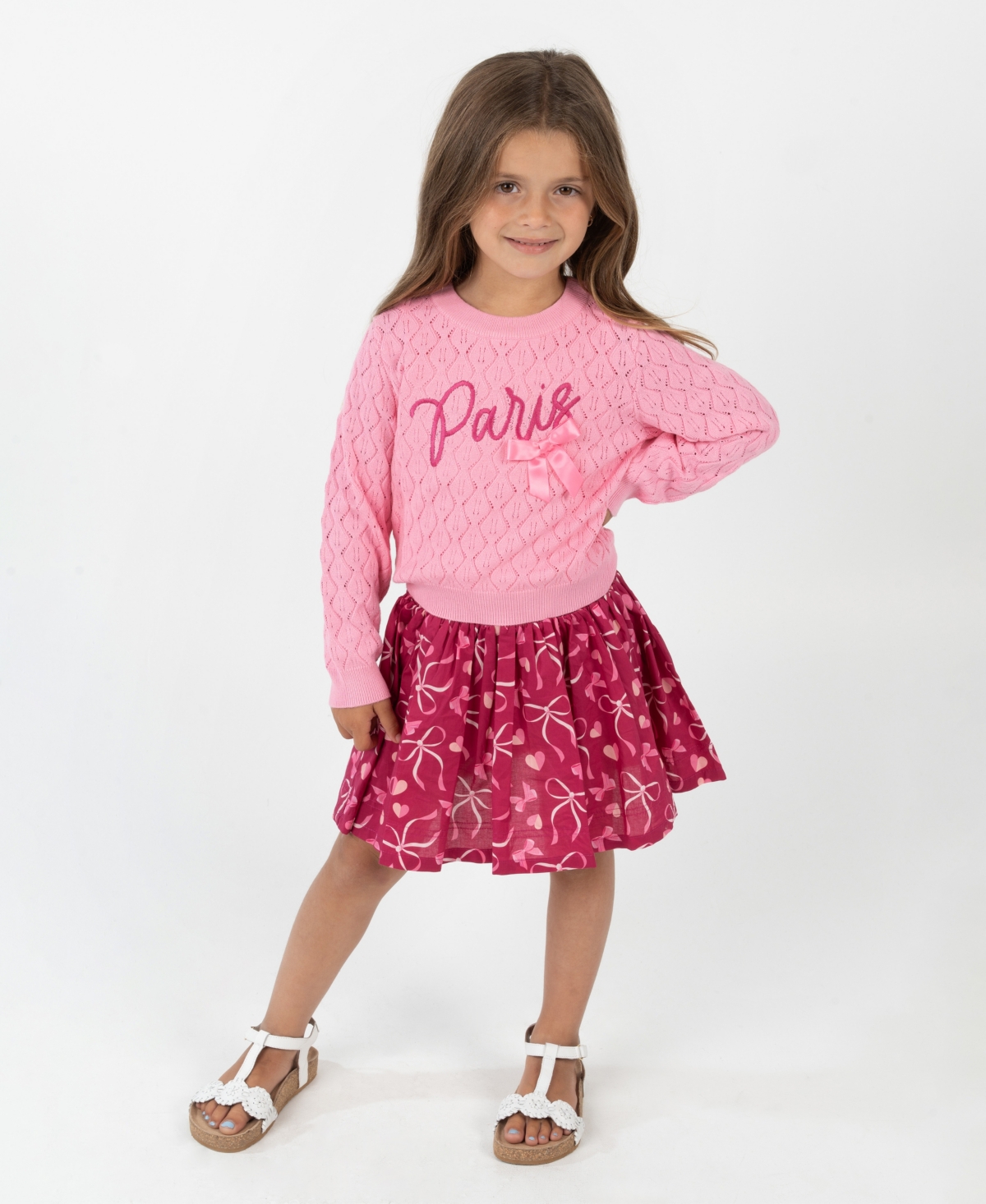 Rare Editions Little Girls Hearts & Bows Skort Dress With Pop-over "paris" Sweater, 2 Pc In Pink