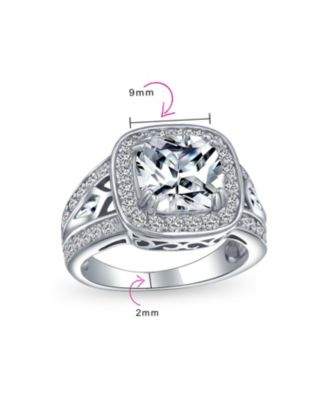 Art Deco Style 3CTW CZ Halo Cushion Cut Solitaire Promise Ring Sterling Silver Split Pave Cubic Zirconia Side Stone Filigree Band