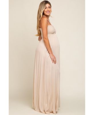 Maternity Beige Smocked Halter Maxi Dress