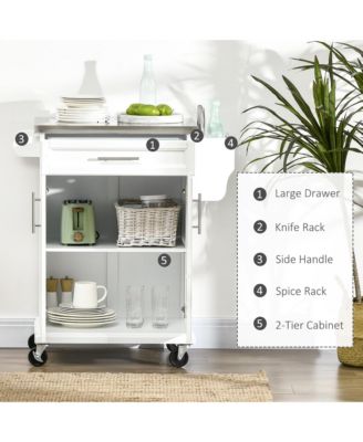 White Kitchen Cart: Stainless Top, Drawer, Towel/Spice Rack, Wheeled