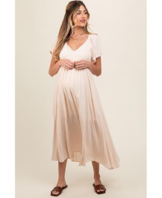 Maternity Cream V-Neck Flutter Short Sleeve Midi Dress