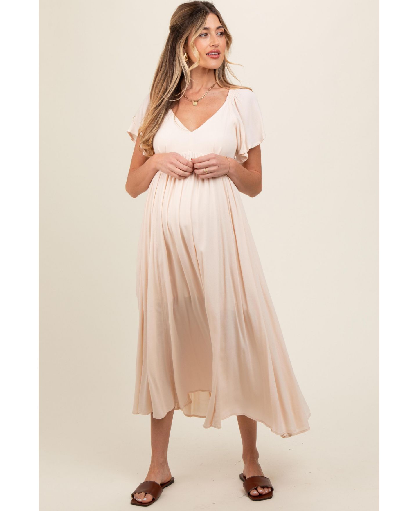 Женское платье Pinkblush Cream V-Neck Flutter Short Sleeve Midi, цвет: Кремовый — фото 2