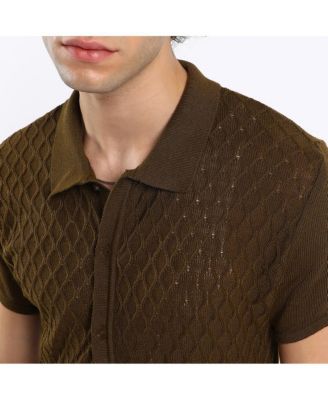 Men's Mocha Brown Harlequin-Textured Knit Shirt