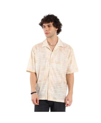 Men's Tan Brown & Ivory White Faded Woven Oversized Shirt