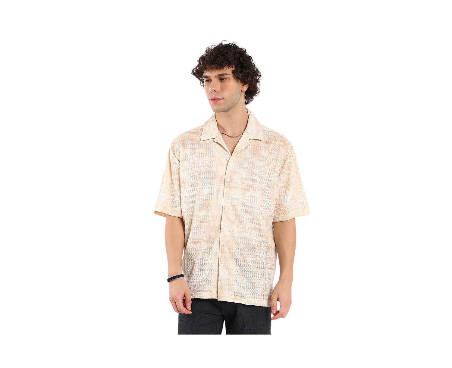 Men's Tan Brown & Ivory White Faded Woven Oversized Shirt