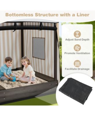 Kids Wooden Sandbox with Canopy Mesh Door Windows Bench Seats Foldable Storage Box