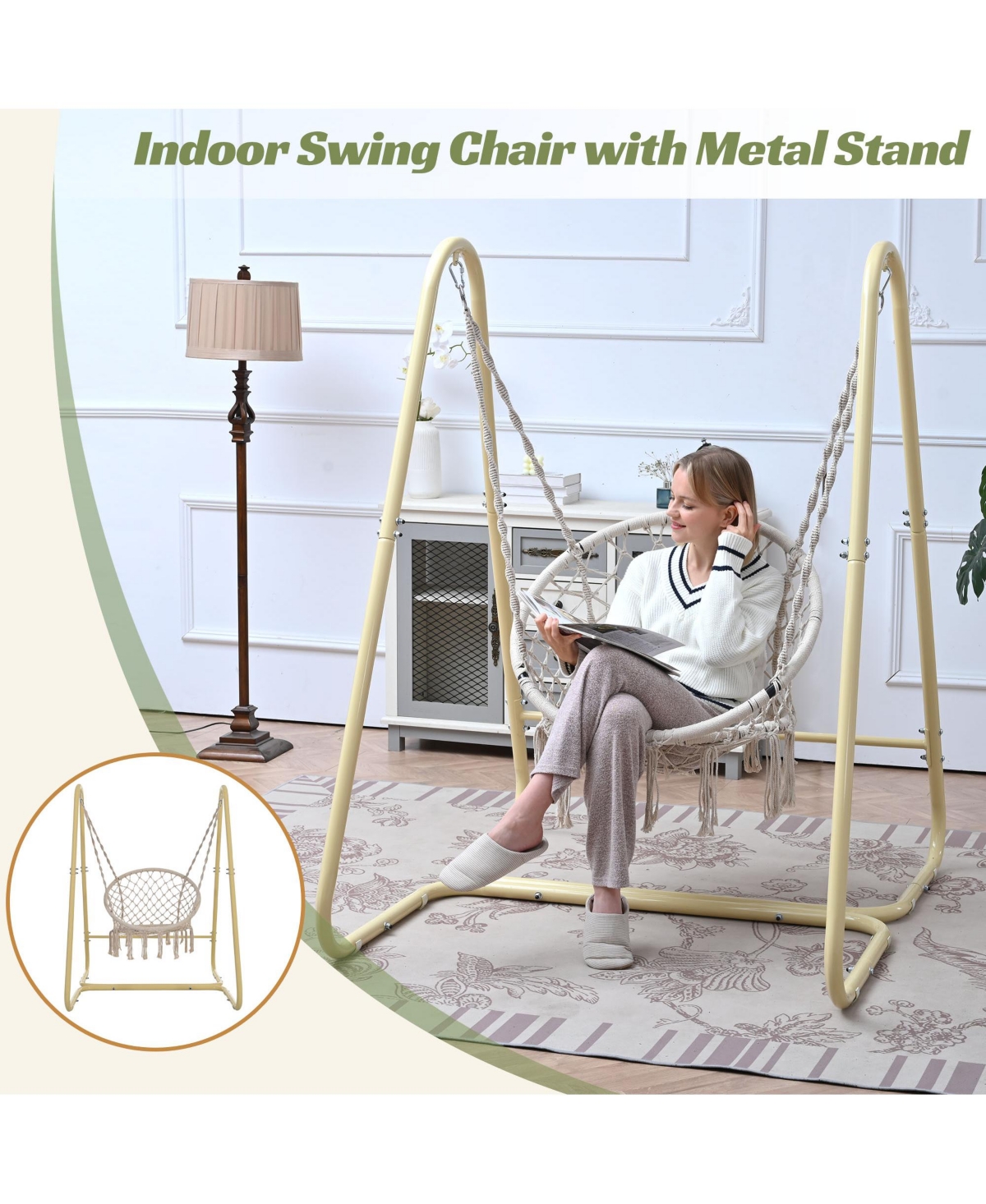 Flynama Handmade Macrame Swing Hammock Chair with Stand Boho Style