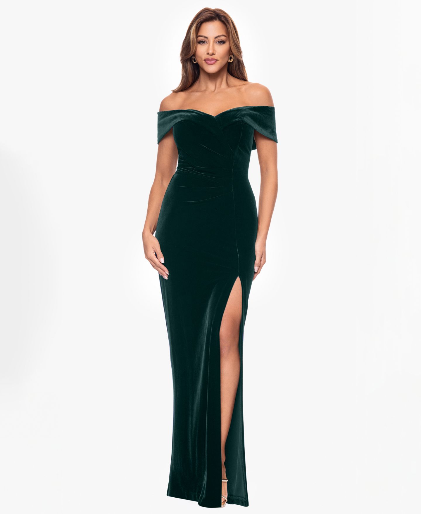 Женские платья XSCAPE Velvet Off-The-Shoulder Leg-Slit Gown, цвет: Бордовый — фото 8