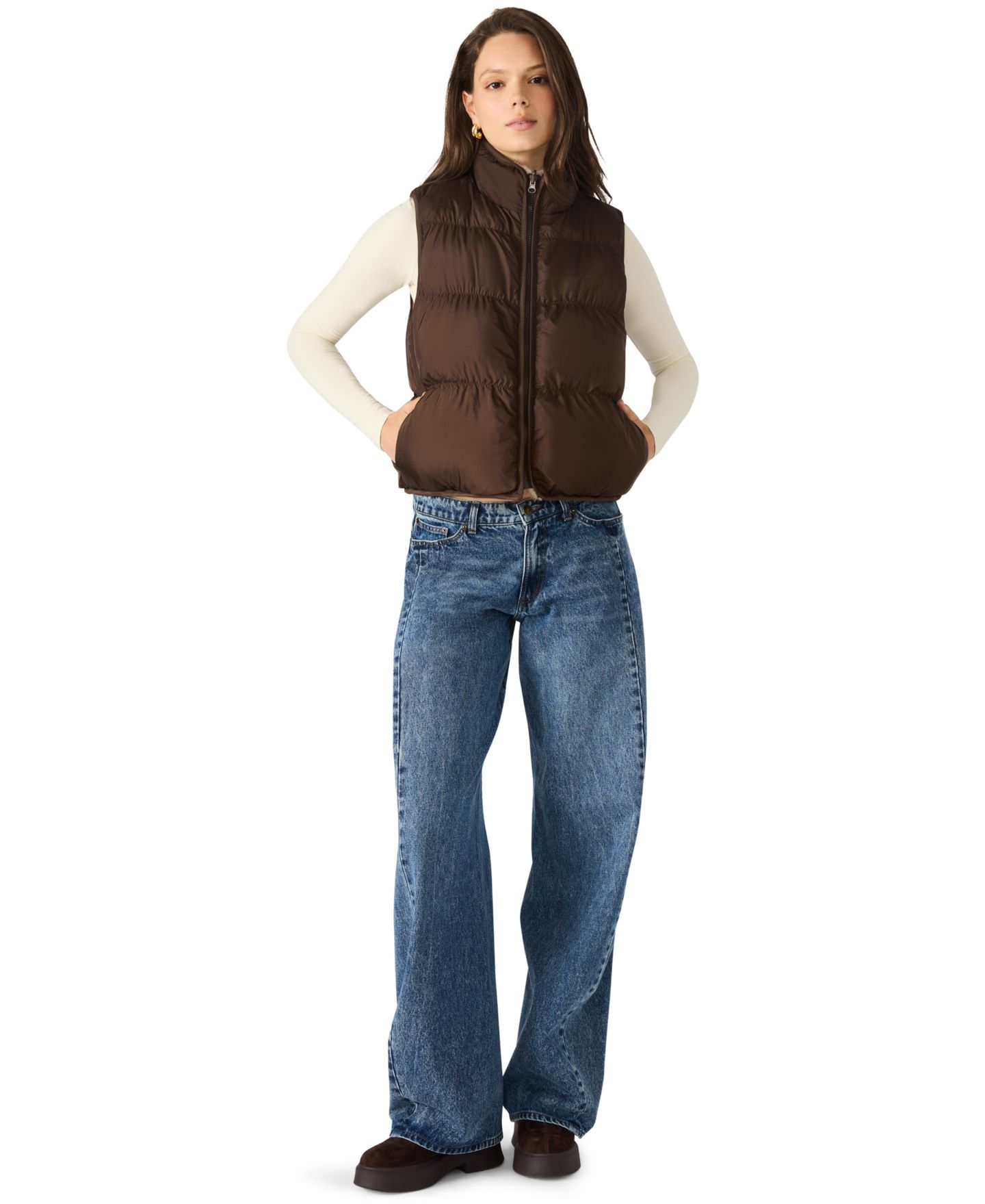Женский жилет Steve Madden Brady Reversible Puffer Vest, цвет: Оливковый вязаный — фото 6