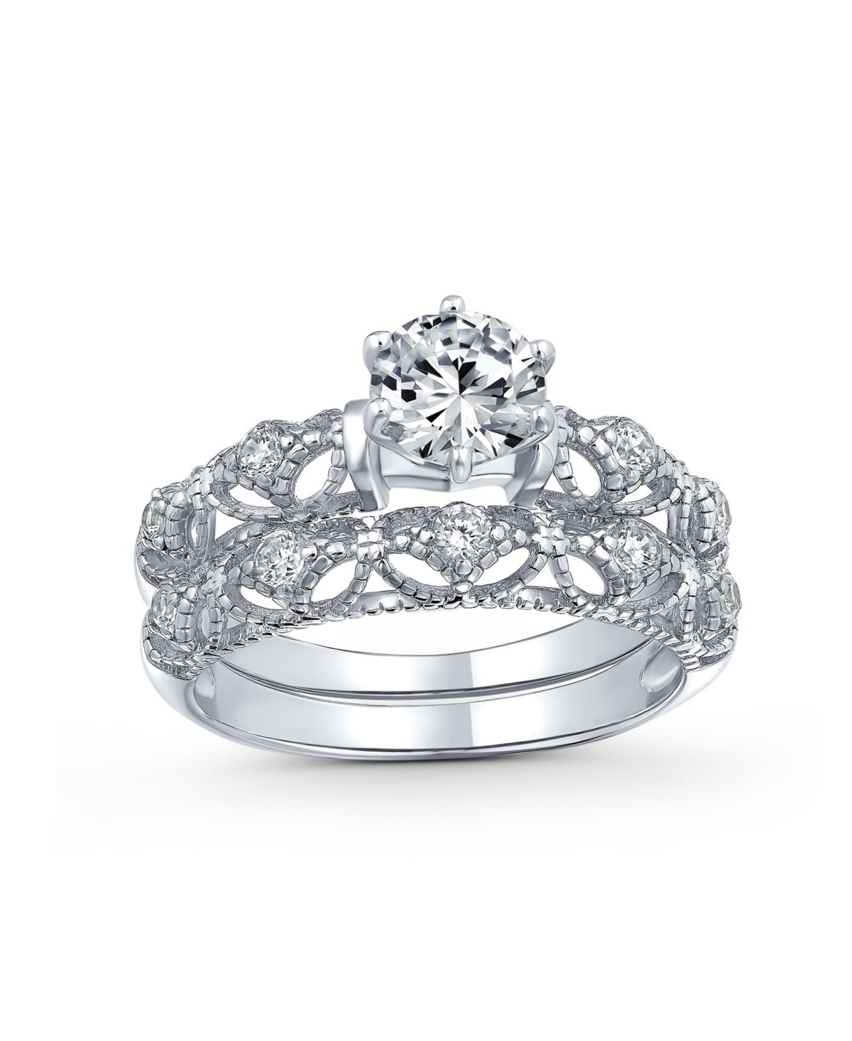 Bling Jewelry 1CT Round Cz Solitaire & Filigree Band Promise Ring Set in Sterling Silver