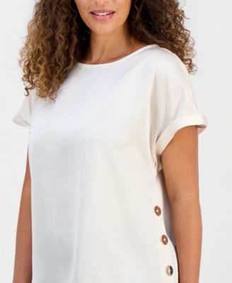 Petite Hammered Satin Button-Trim Blouse