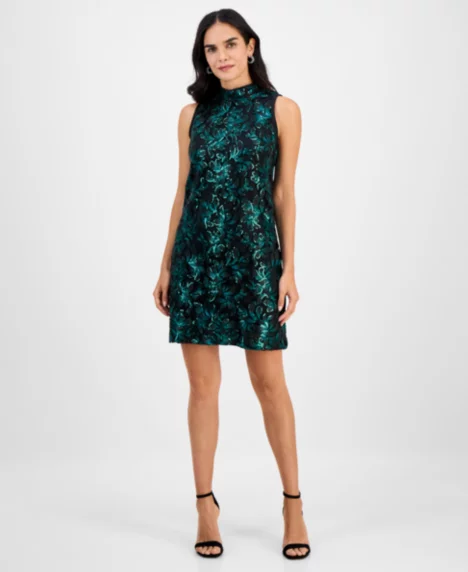 Petite Sleeveless Sequined Lace A-Line Dress - Hunter