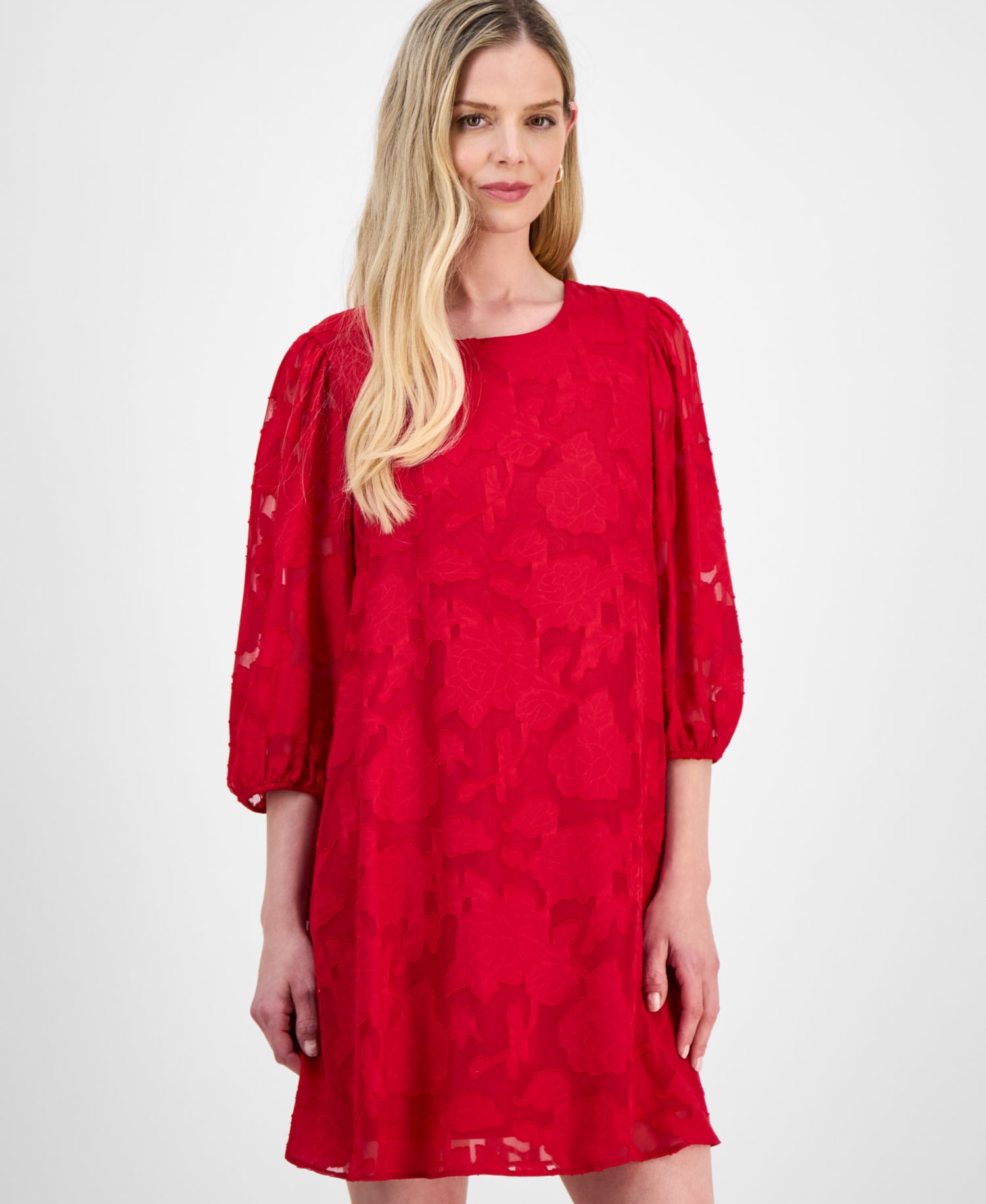 Petite Floral Burnout Blouson-Sleeve Shift Dress