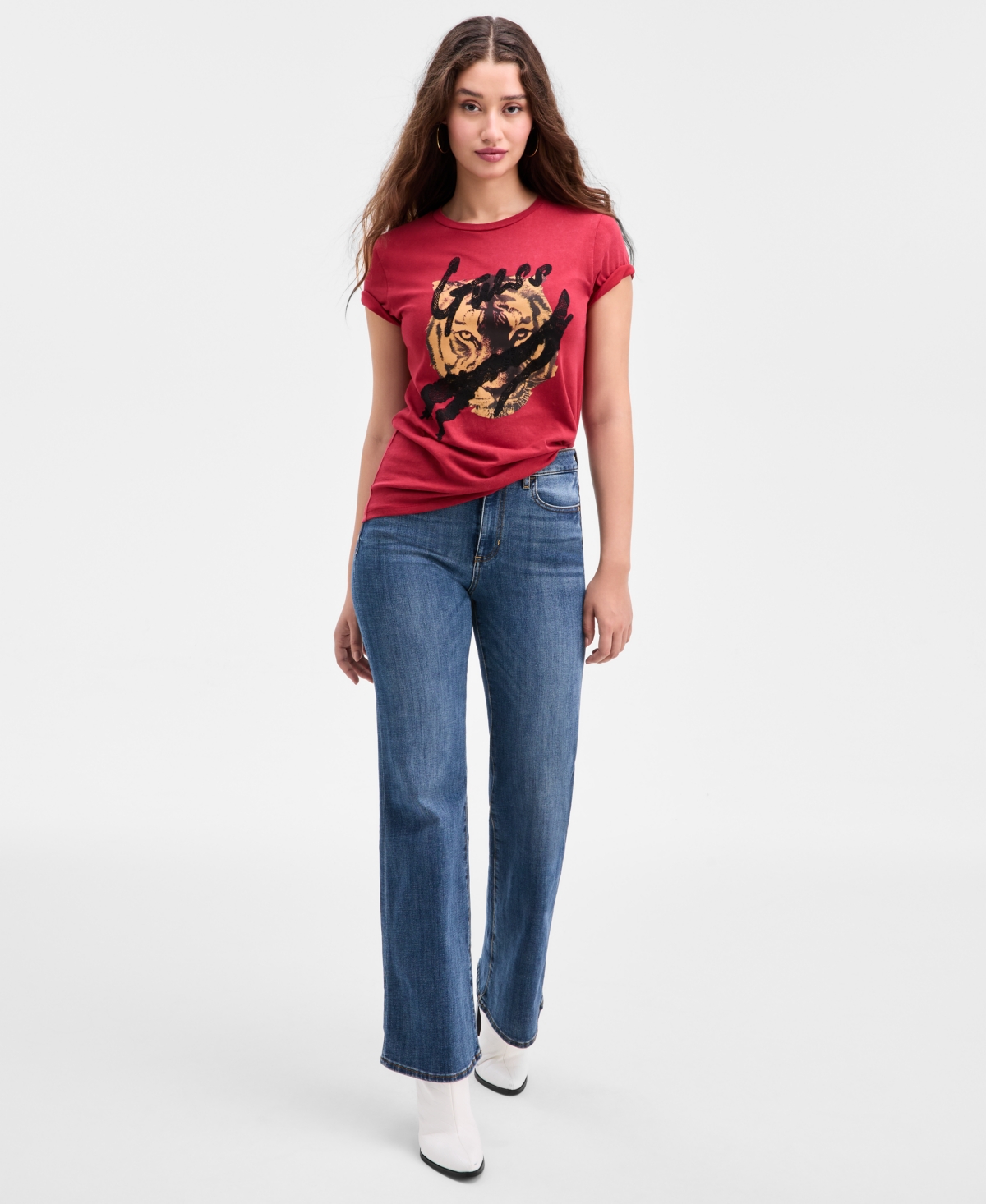 Guess Women's Cotton Tiger-graphic Lace-trim T-shirt In Red