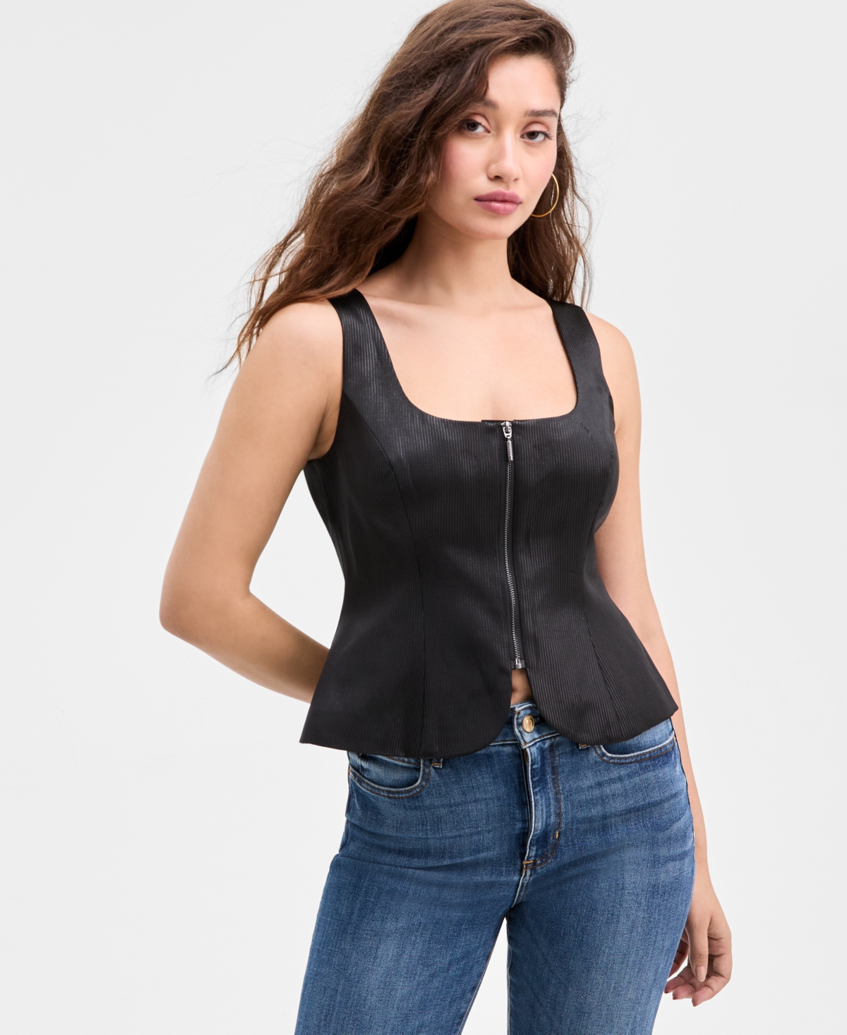 Guess Jemma Peplum-hem Zippered Vest In Black