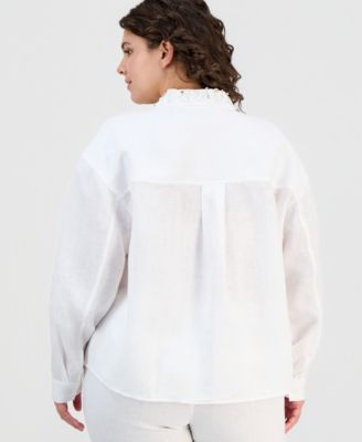Plus Size Linen Beaded-Collar Long-Sleeve Blouse, Macy's Exclusive