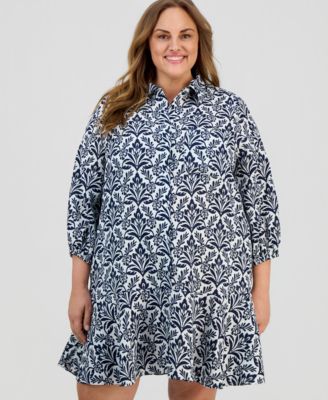 Plus Size 100% Linen Printed Shirtdress, Macy's Exclusive