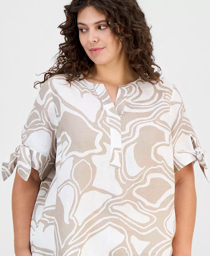 Plus Size Linen Tie-Sleeve Printed Top - thumbnail 3