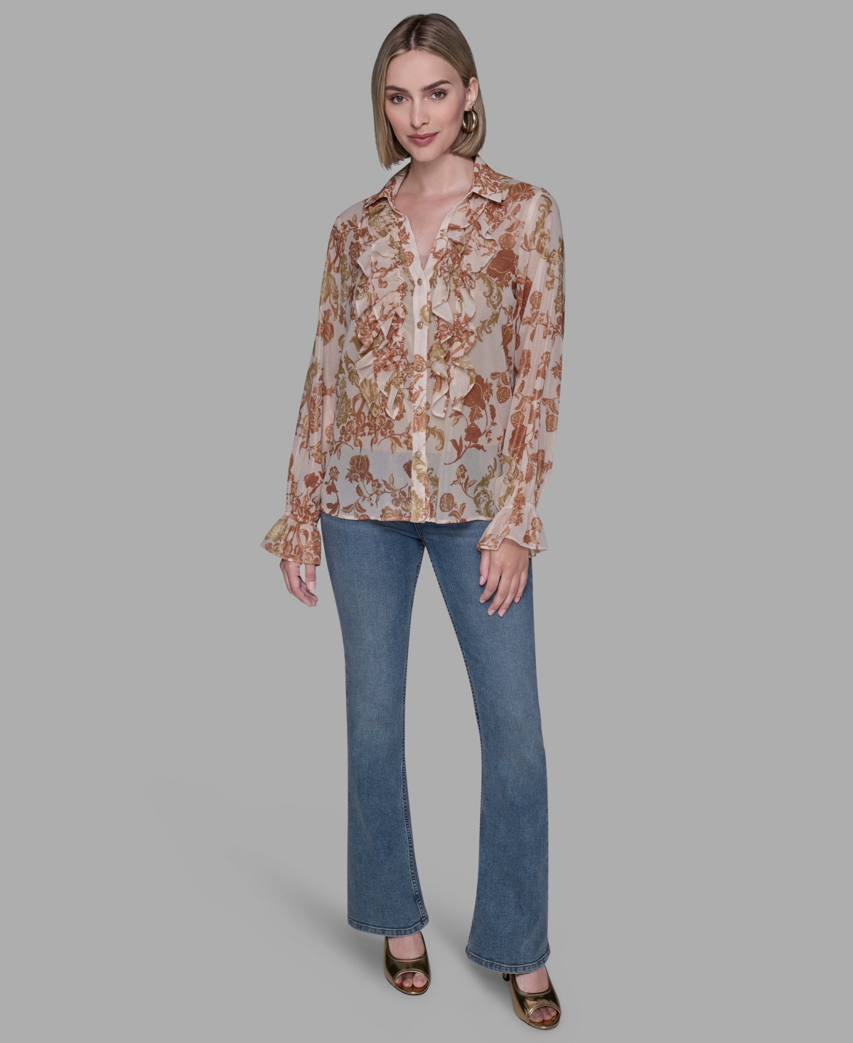 Karl Lagerfeld Women's Printed Ruffled Long Sleeves Blouse In Brown
